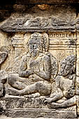 Prambanan - Ramayana reliefs of Shiva Temple. Detail of Scene 3: The royal rsi Vishvamitra receives visit from Dasharatha. 